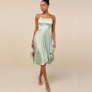 Lulus Days Like Today Dress NWT – Sage Satin Asymmetrical Tie-Back Midi – Size L